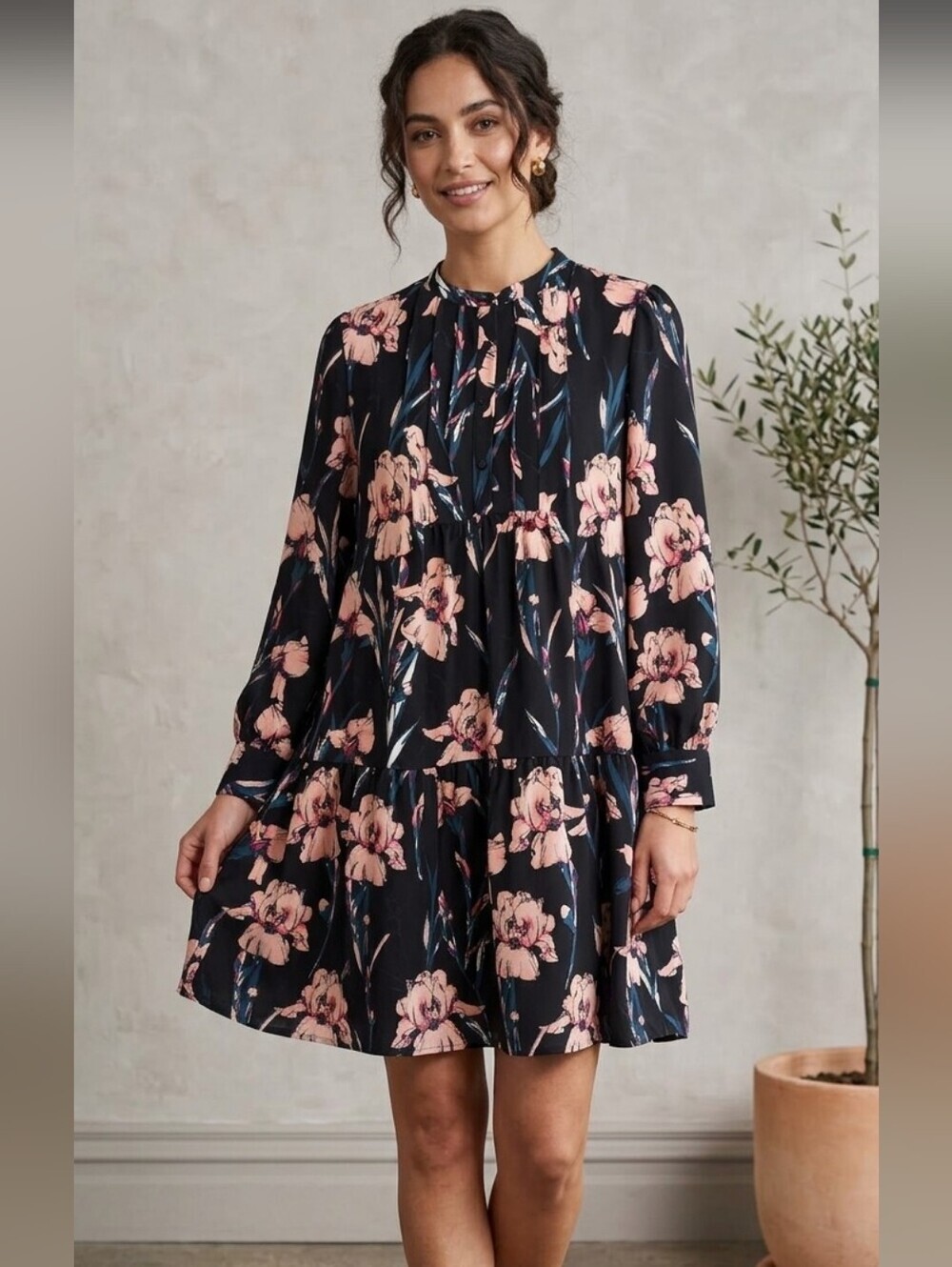 Nordstrom Halogen Floral Dress Wide Hem Pleated Front Black Size XL